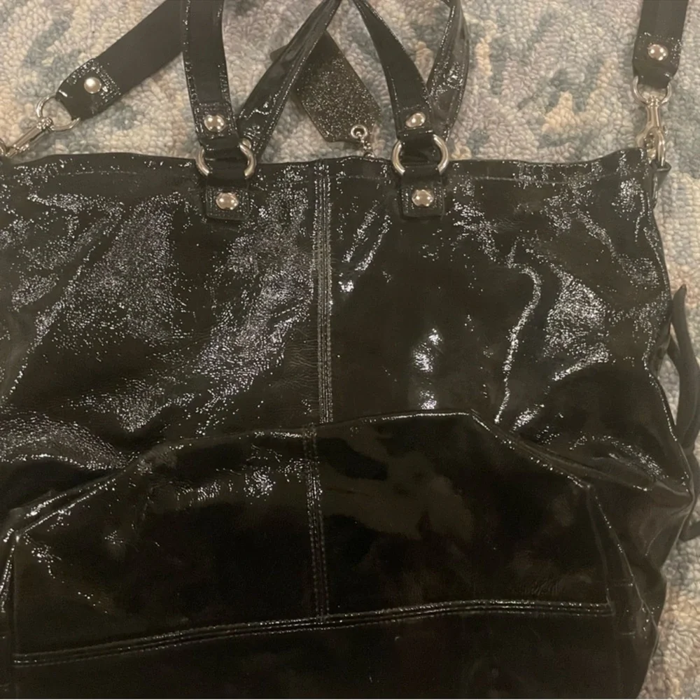 AUTH COACH POPPY GLOSSY CRINKLE PATENT LEATHER SATCHEL BAG PURSE 13869 BLACK - Picture 6 of 11